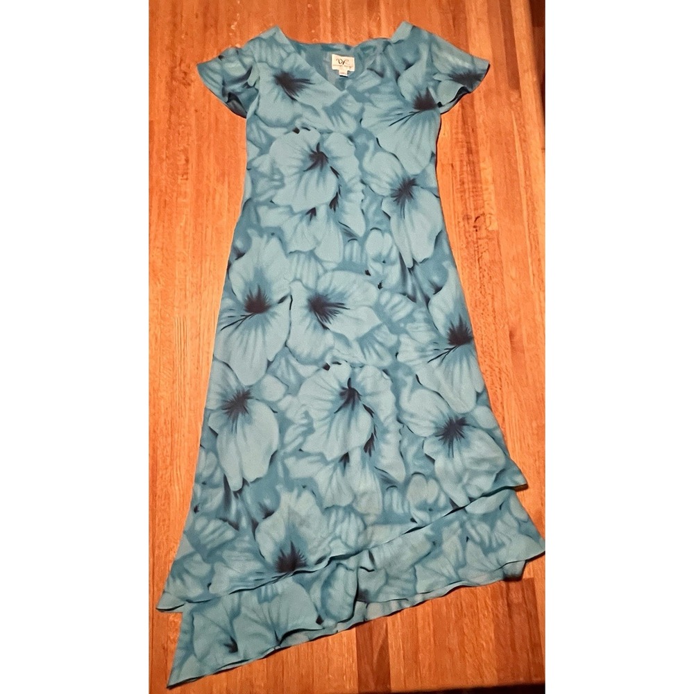 Donna Ricco Woman 12 Teal Floral V-Neck Short Sleeve Asymmetrical Hem Dress